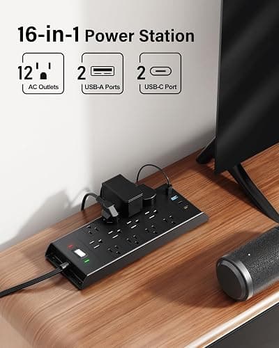 Surge Protector Power Strip 4800J, LeZone 10Ft Long Extension Cord Flat Plug, 12 Outlets 2 USB C 2 USB Ports, Wall Mountable, 20W Desk Charging Station, Black thumbnail 2