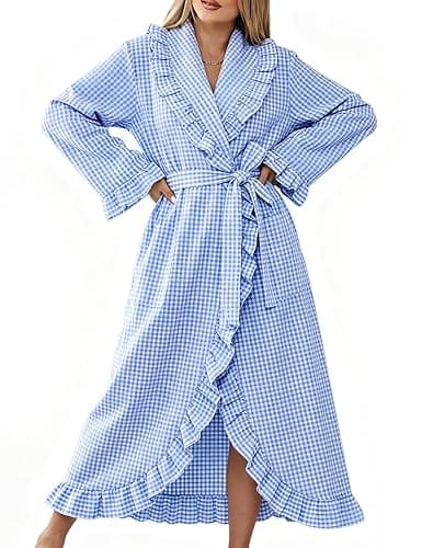 Gihuo Cotton Robes for Women Gingham Long Sleeve Ruffle Trim Bathrobe | Womens Robes Lightweight,Summer Robe,Plaid Bathrobe,Loungewear Sleepwear, Checkered Ruffle Housecoat - Image 1