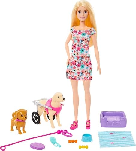 Barbie Doll with 2 Toy Dogs & Pet Accessories, 1 Pup in a Removable Wheelchair with Rolling Wheels, 10+ Piece Set thumbnail 6