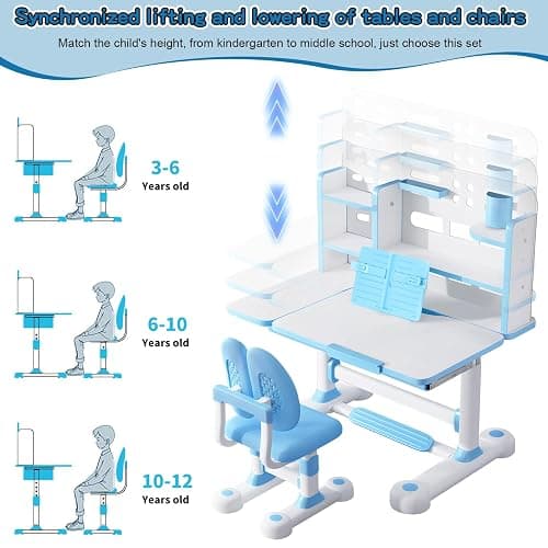 Kids Study Desk And Chair Set, Height Adjustable Children's Study Desk And Chair Set Toddler Learning Table and Stool Set with Bookshelf Storage Drawer 50-Degree Tiltable Desktop for Bedroom Blue thumbnail 9