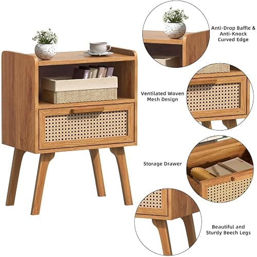 Lerliuo Rattan Nightstand, Side Table with Drawer Open Shelf | Bedside End Table with Solid Wood Legs, Mid Century Modern Night Stand for Bedroom, Dorm and Small Spaces (Tea Brown) thumbnail 9