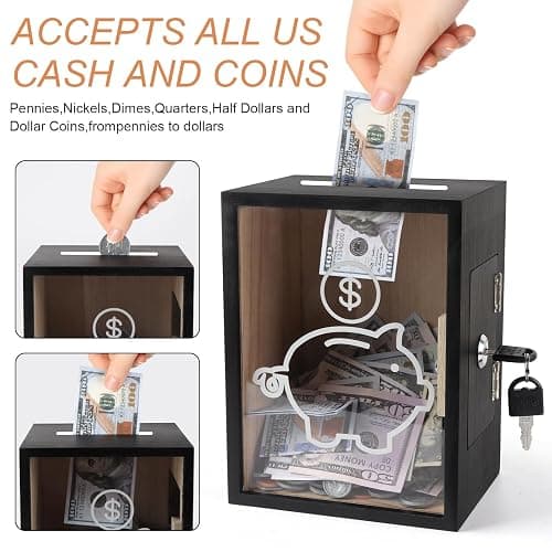 Mczxon Clear Piggy Bank with Lock, Large Money Saving Jar Money Bank Box Container for Cash Saving, Openable Clear Money Coin Change Bank Jar Container Penny Piggy Jar Bank for Adults Kids, Black thumbnail 4