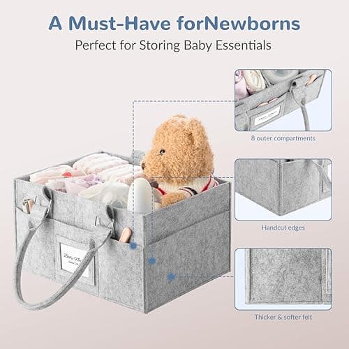 PaoveFor Diaper Caddy Organizer, Newborn Essetials Must Haves, Baby Registry Search and Other Baby Stuff, Collapsible Baby Basket with Handle and a Photo Frame, Grey, 11.8 x 6.3 x 9.0 inch - 11.8 x 6.3 x 9.0 inch thumbnail 4