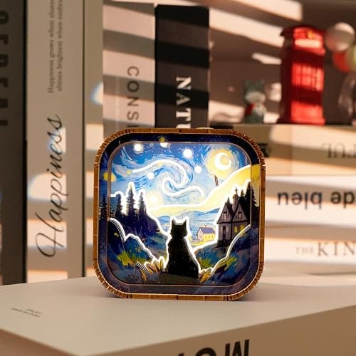 3D Wooden Puzzle Night Light DIY LED Art Lamp Kit for Adults Desk Decor Relaxing Craft Project Table Ornament and Unique Gift (Starry Cat) thumbnail 2