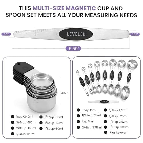 Magnetic Measuring Cups and Spoons Set-Heavy Duty 304 Stainless Steel，Double Measurement Markings，Set of 16 with Leveler for Measure Dry and Liquid Ingredients (Black) thumbnail 6