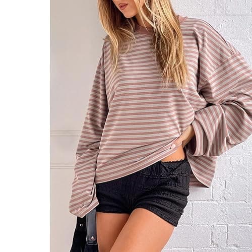 KOSUSANILL Women Oversized Striped Long Sleeve Shirt Crewneck Cropped Tops Drop Shoulder Y2K Preppy Sweatshirt Fall Clothes thumbnail 3