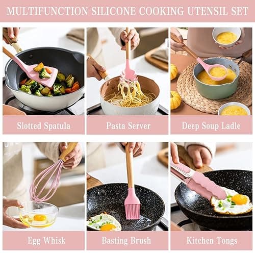 Umite Chef Silicone Kitchen Utensils Set, 33 Piece Non-Stick Kitchen Utensils with Stand, Wooden Handle, Pink thumbnail 5