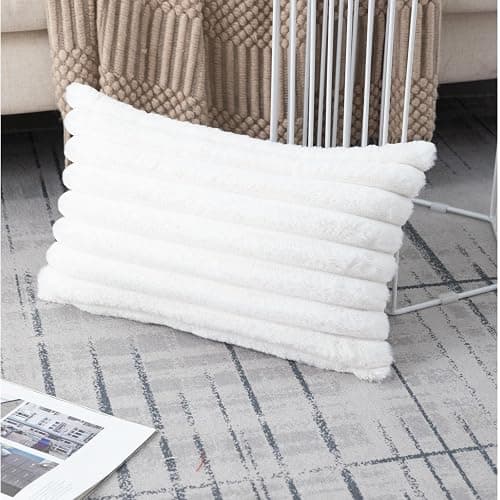 ZLINA Set of 2 Cream White Faux Fur Decorative Throw Pillow Covers Fluffy Striped Pillowcase Cushion Covers 12 x 20 Inch Decor Sofa Couch Bedroom - Cream White - 12 x 20-Inch thumbnail 5