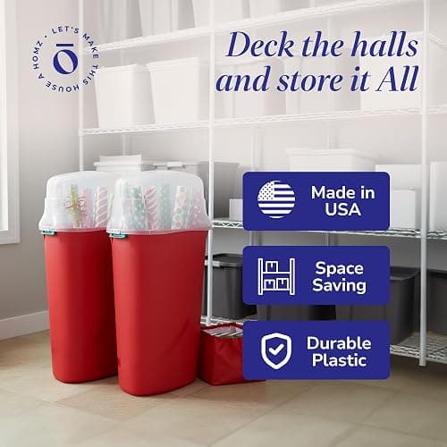 HOMZ 2-Pack Seasonal Holiday, Plastic Vertical Gift Wrap Storage Organizer, Red & Clear - Paper Wrapping Bin Containers for Christmas Gifts and Birthday Presents thumbnail 6
