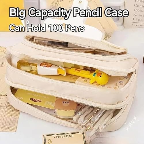 Onlvye Big Capacity Pencil Case 3 Compartments Large Pencil Pouch Pen Bag Pencil Box Holder Organizer Simple Storage Aesthetic Stationery Cosmetic for Adults Men Women Office Essentials (White) thumbnail 4