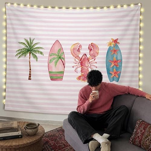 SkyCozy Pink Surf Coastal Beach Wall Tapestry,Surf Board Room Decor, Summer Coastal Preppy Trendy Retro East Coast Coquette Surfboard Crawfish Tapestry Decor for Girls Room College, 50x60 Inch thumbnail 5