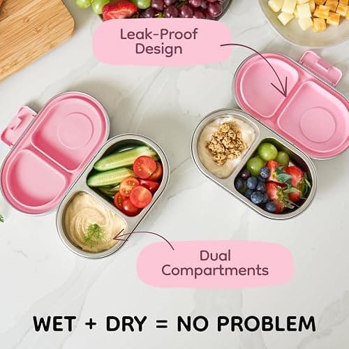 Good Bare Stainless Steel Snack Container for Kids – 2 Compartment Metal Bento Box, Leakproof, Non-Toxic, Easy-Open Latch, Dishwasher Safe, Small Snack Pack, Perfect for On-the-Go (Sweet Pink) thumbnail 4