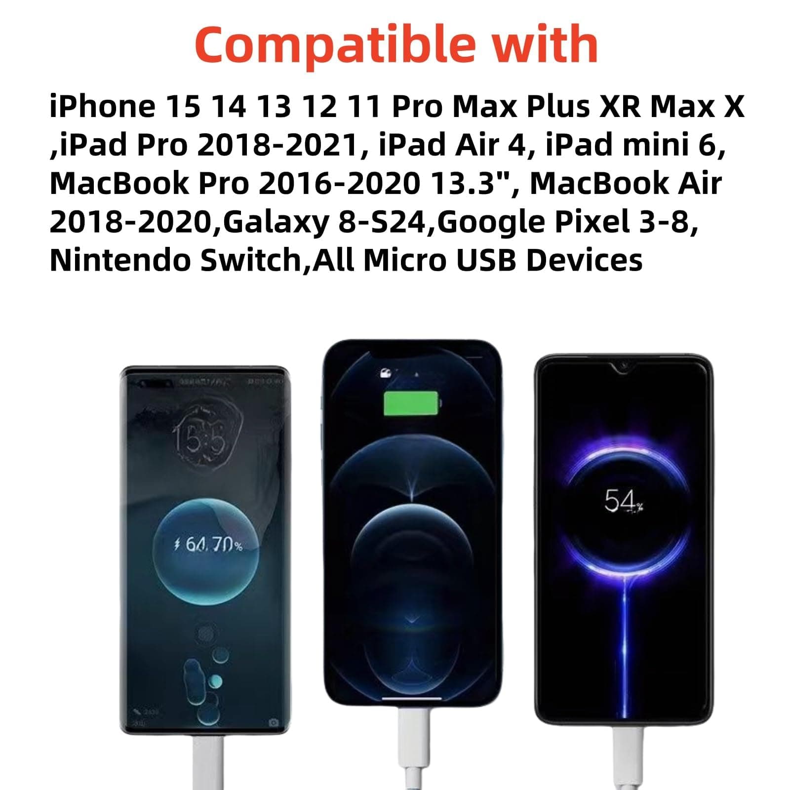 Multi USB A Car Charging Cable - 1M Braided 3 in 1 Fast Cord，66W USB A to USB C,IP Port and Android Port Compatible with Most Cell Phones,iPad Pro,Air5,MacBook and More - White thumbnail 4