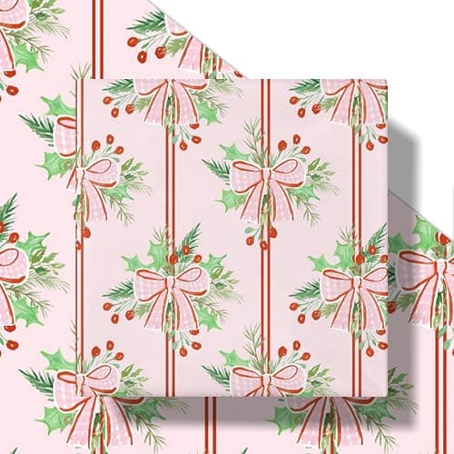 LeZakaa Christmas Wrapping Paper Roll, Pink Red Bow Berry Green Solid Color Design Holiday Gift Wrap for Kids Girls Women, Watercolor Style for Christmas Party Present, Mini Roll 17" x 16.4 ft thumbnail 9