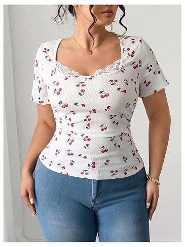 SOLY HUX Women's Plus Size Lace Trim Tops Cherry Print T Shirts Short Sleeve Fitted Aesthetic Tees Coquette Clothes thumbnail 3