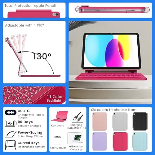 RAYMCRAFT for iPad 11th(A16, 2025)/10th Generation Case with Keyboard, Magic Keyboard 2022, Springy Backlit Keys, Stain-Resistant Surface, Multi-Touch Trackpad, Azalea Red thumbnail 7