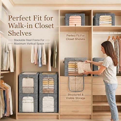 GoMaihe Clothes Storage Bins with Metal Frame for Closet, 40L 6-Pack Grey | Sweaters Hoodies Jeans T-Shirt, Closet Top Shelf Organizer, Steel Frame Collapse-Proof, Stackable, Clear Window, Dual Access thumbnail 8