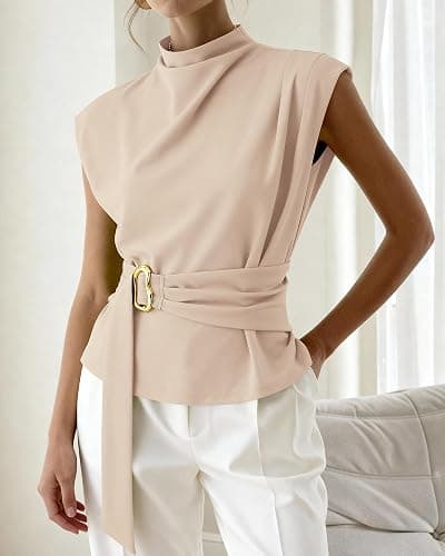 PRETTYGARDEN Women Blouses Summer Business Casual Tops | Fall Dressy Cap Sleeve Mock Neck Work Shirts,Casual Buckle Belted Tunic Top,Spring Back Zipper Formal Office Blouse thumbnail 8