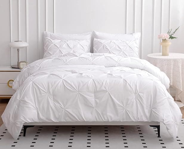 Lane Linen Full Comforter Set – 7 Piece Bed in a Bag – Pinch Pleated Full Size Bedding Set with Comforter, Flat Sheet, Fitted Sheet, Pillowcase & Sham – Soft Pintuck Bed Set - White thumbnail 2