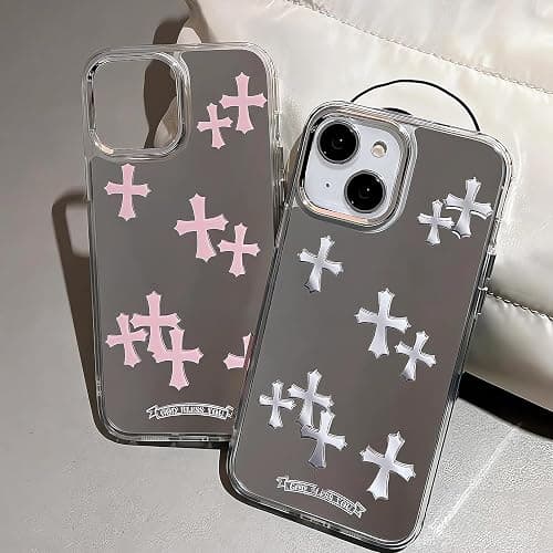 xoniery Compatible with iPhone 15 Cute Glossy Mirror Back Case,Cross Pattern,Senior Shockproof Protection for iPhone 15 Case for Women Girls-Pink thumbnail 6