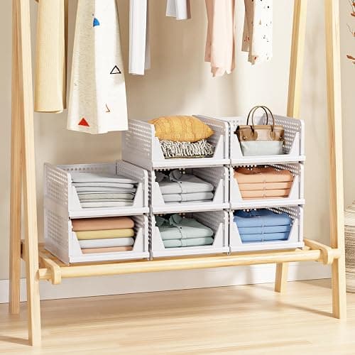 5 Pack Stackable Closet Storage Basket - Stackable Storage Bins, Multifunctional & Foldable Closet Organizer Waterproof, Wardrobe Cupboard Space-Saving Hat Storage Drawer Organizer, White thumbnail 5