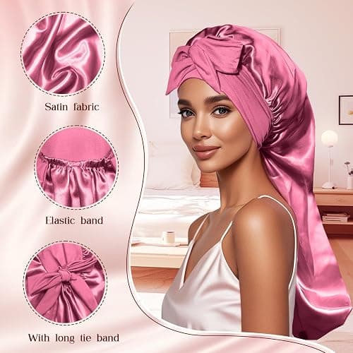2 Pcs Long Satin Bonnet, Braid Cap for Women, Silk Bonnet for Braids Curly Hair with Tie Band(Black&Rose Red) thumbnail 5