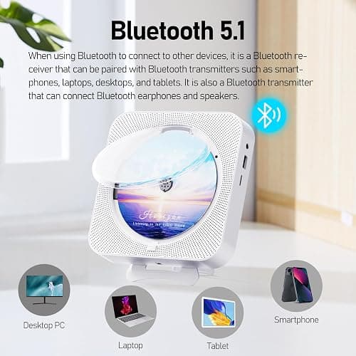 MICOCIOUS Bluetooth Portable Home CD Music Player with Remote Control, Timer, Built-in Speakers and LED Display - FM Radio Boombox (White) thumbnail 3