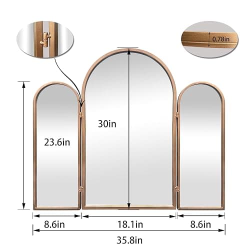 BAODANFU 3 Way Mirror Bathroom, Trifold Vanity Mirrors for Bathroom Bedroom, Large Arch Mirrors Decorative Vintage Gold, Adjustable Makeup Mirror for Braiding Hair 360° Way Tabletop & Wall Mounted thumbnail 2