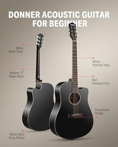 Donner Black Acoustic Guitar for Beginners, Adult, Teens, Starter Kits - Full Size 41'' Steel-String Acustica Guitarra Bundle Set with Free Online Lesson, Gig Bag, Strap, Tuner, Cutaway, DAG-1CB thumbnail 2