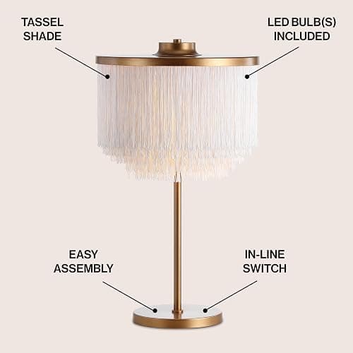 JONATHAN Y Coco 2-Light Fringed Metal LED Table Lamp 27.5", Gold | White Tassel Shade, Contemporary Glam Desk Light, Bedside Nightstand, Bulbs Included thumbnail 2