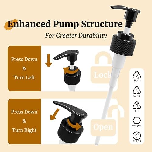PrettyCare Set of 2 16oz Amber Glass Bottles with Black Pumps - Leak-Proof, Refillable Empty Dispenser for Shampoo, Conditioner & Thick Liquids - with Waterproof Labels thumbnail 3