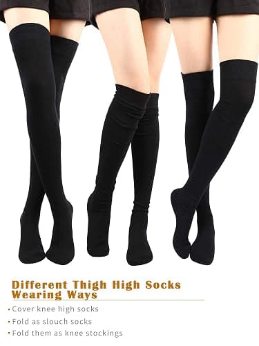 SATINIOR 3 Pairs Thigh High Socks Cotton Over Knee Socks Knit Long Boot Stocking, Black, Medium thumbnail 3