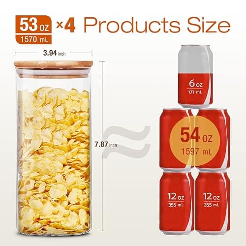 HomArtist Glass Jars with Bamboo Lids 53 FL OZ [Set of 4], Glass Canisters with Airtight Lids, Glass Food Storage Containers for Pasta, Oats, Coffee, Flour, Sugar, Rice, Best for Kitchen & Pantry thumbnail 3
