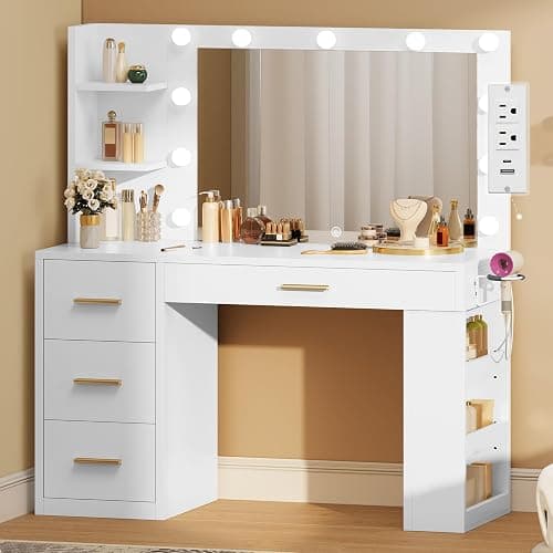 YITAHOME Vanity Desk with Mirror & Lights, Makeup Vanity Table Set with Power Outlet, 4 Drawers, 6 Open Shelves Above and 3 Lighting Modes Dressing Table - Image 1