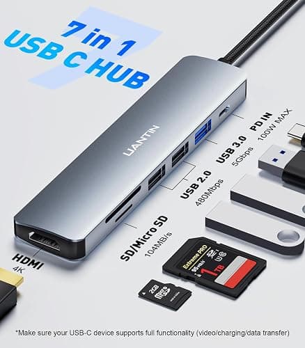 UANTIN USB C Hub 7 in 1 Multiport Adapter with 4K HDMI Dongle, 100W PD, SD/TF Card Reader, 3 USB-A, USBC Docking Station for MacBook Mac Pro/Air, Dell, HP, ASUS, Acer and Other Type C Laptops thumbnail 2