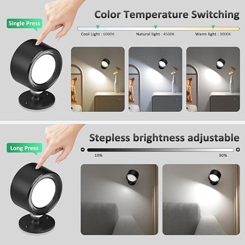 Lightbiz LED Wall Mounted Lights 2 Pcs with Remote, Wall Sconces Lamp 3000mAh Rechargeable Battery Operated, 3 Color Temperatures & Dimmable Magnetic 360° Rotation Cordless Light for Bedroom Bedside - Black-3 Color Temp Light - 2 Pcs thumbnail 3