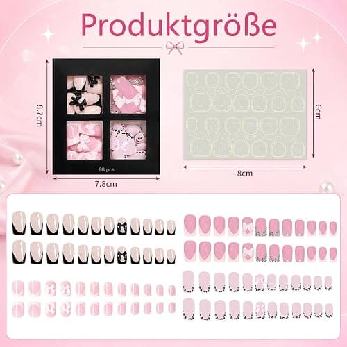 96 Stück Künstliche Fingernägel zum Aufkleben aus Buntem Kunststoff, Full Cover Press On Nails mit Schleifenmotiv, Wiederverwendbar für Frauen und Mädchen thumbnail 3