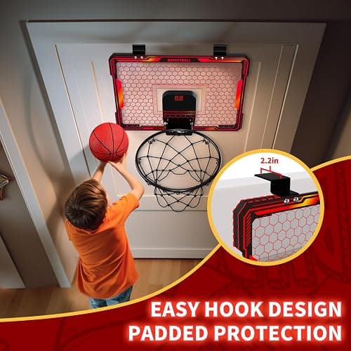 HYES Remote Control Basketball Hoop Indoor with 7 LED Lighting, Mini Basketball Hoop with Electronic Scoreboard, 3 Modes, Over Door Basketball Hoop, Basketball Toys Sport Gifts for Kids, Adults (red) thumbnail 8