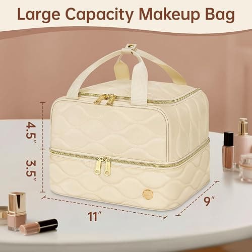 YOREPEK Large Makeup Bag Organizer, 2-Layer Travel Cosmetic Bags with Compartments for Women, Portable Makeup Cases for Skincare Bottles, Brushes, Lipstick – Cosmetiquera para Maquillaje, Beige thumbnail 6