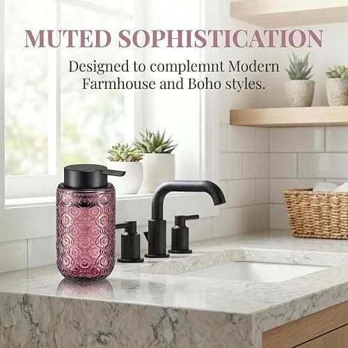 zuxzmj Pink Glass Foaming Hand Soap Dispenser with Matte Black Pump Thick Embossed Bottle Refillable for Bathroom and Kitchen Decor 13.5 oz thumbnail 5