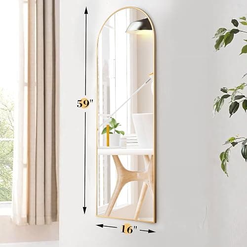 OLIXIS Arched Full Length Mirror 59"x16" for Bedroom, Full Body Mirror with Stand, Hanging or Leaning for Wall, Aluminum Alloy Thin Frame Floor Standing for Living Room, Tall, Gold thumbnail 2