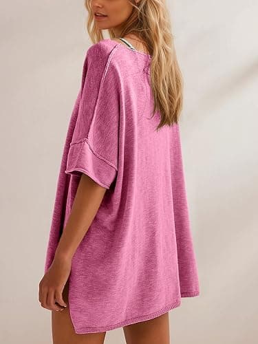 Tankaneo Women's Oversized T Shirts Casual Summer Crew Neck Loose Dropped Short Sleeve Side Slit Hem Blouse Tunic Tops thumbnail 4