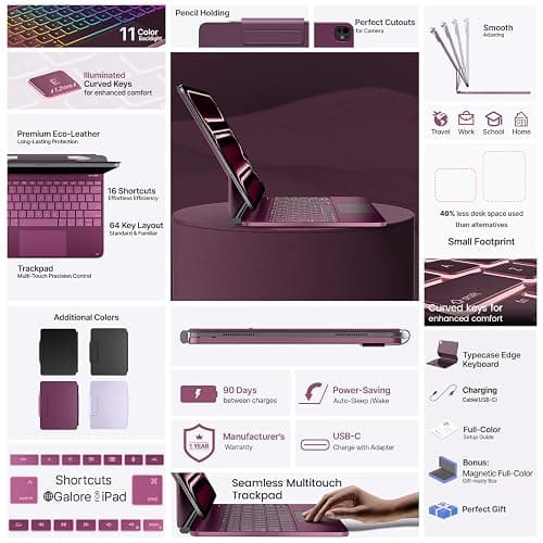 typecase Keyboard Case for iPad Pro 13-inch (M5 2025 / M4 2024), Magic Keyboard with 11 Colors Backlight, Keyboard Case with Pencil Holder, Multi-Touch Trackpad, Easy-Set Magnetic Stand, Raspberry thumbnail 6