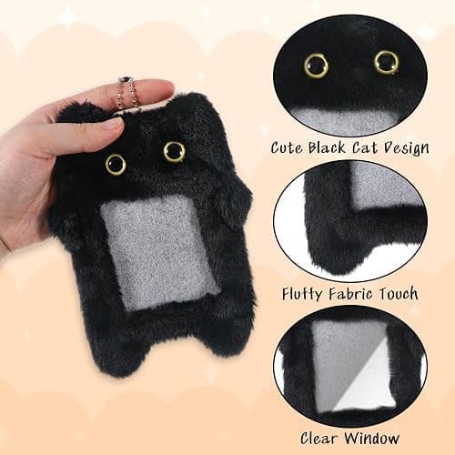 Tweruna Black Cartoon Plush Photocard Holder Keychain, Cute Cartoon Cat Photo Card Holder Keychain, Soft Plush Photo Card Holder for ID Card Cover Photo Protective Bag Pendant Decor thumbnail 3
