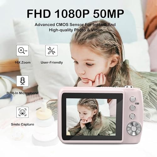 Digital Camera for 50MP FHD 1080P, Digital Point and Shoot Camera with 16X Zoom Anti Shake, Indoor&Outdoor Travel Compact Small Camera Gift for Boys Girls Kids Camera with 32GB Card, Pink thumbnail 7