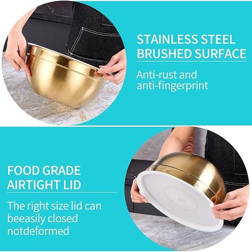 DINYWOW 4 Piece Gold Mixing Bowls With Lids for Kitchen, Stainless Steel Set Ideal for Baking, Prepping, Cooking and Serving Food, Nesting Metal Bowls for Space Saving Storage thumbnail 5