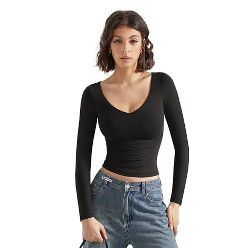 SUUKSESS Women Double Lined Casual V Neck Crop Tank Tops Basic Long Sleeve Shirts thumbnail 4