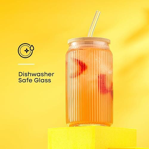 JoyJolt Fluted Glass Tumblers with Bamboo Lids and Glass Straws, Ribbed Can Shaped Drinking Glasses Set of 4, 16oz Cup with Lids and Straws, Iced Coffee Cups, Cocktail/Beer Glasses, Tea Cups thumbnail 6