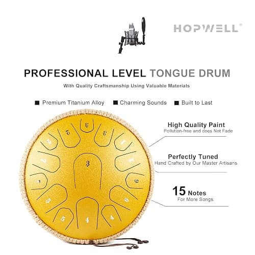 HOPWELL Steel Tongue Drum - 13 Inches 15 Notes Tongue Drum - Hand Pan Drum with Music Book, Drums Mallets and Carry Bag, D Major (Yellow) thumbnail 3