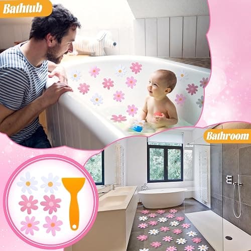 Chiisong 24 Pcs Flower Non Slip Bathtub Sticker Daisy Skidproof Shower Sticker Anti Slip Shower Decals Bathe Treads Adhesive Appliques Scraper Bright Flower Adhesive Decal for Bathroom Decor(Pink) - Pink thumbnail 6